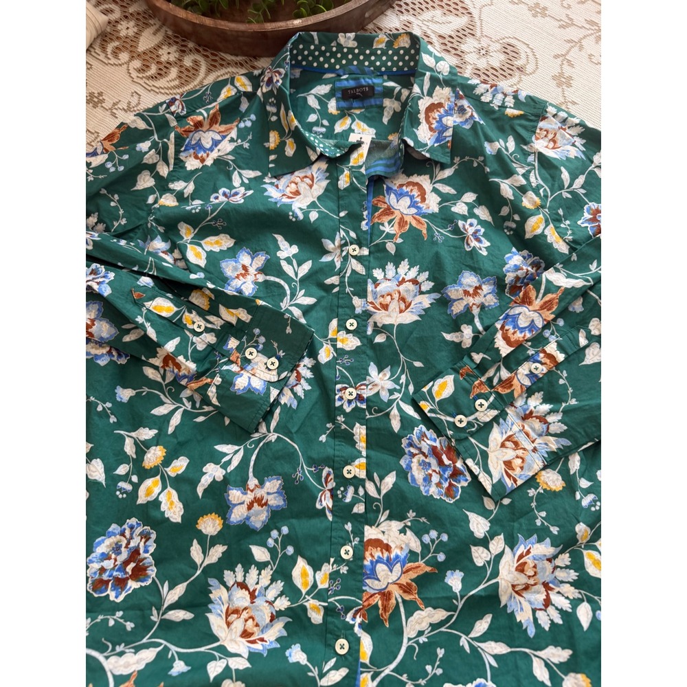 Talbots Plus Womens 2X Green Floral Button Down Shirt Long Sleeve Cotton NWT